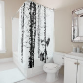 Vos in Berkenbos Zwart Wit Silhouet Dier Douchegordijn (In situ)