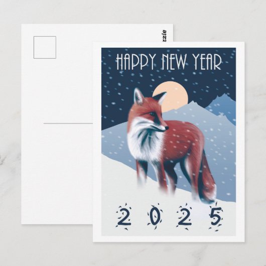 Vos in de sneeuw | Gelukkig Nieuwjaar 2025 Briefkaart (Voorkant / Achterkant)
