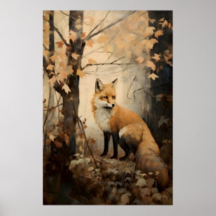 Vos in herfstbosprint, cottagecore dierlijke kunst poster