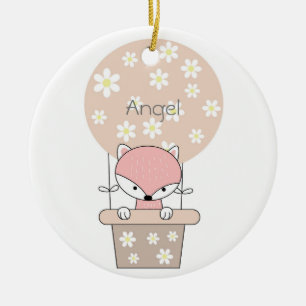Vos in hete luchtballon met bloemen gepersonalisee keramisch ornament