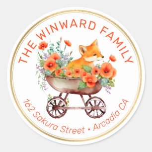 Vos in Kruiwagen en Oranje Bloemstuk Adres Ronde Sticker