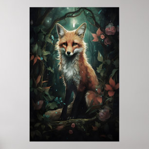 Vos in Magische Bloemen Bos Print, Donkere Academi Poster