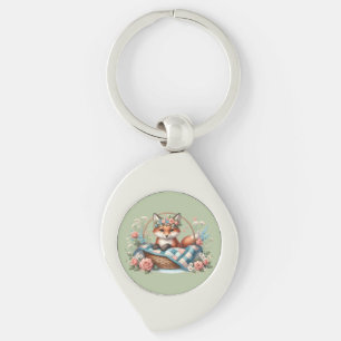 Vos in mand met quilt en bloemen sleutelhanger