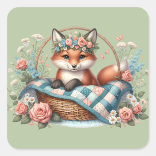 Vos in mand met quilt en bloemen vierkante sticker