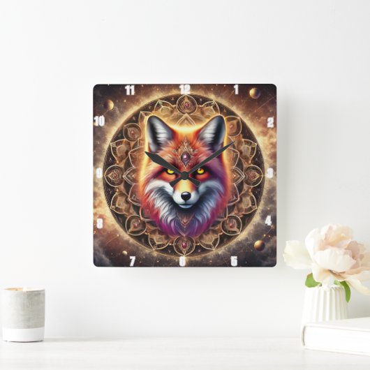 Vos Ingewikkelde Mandala Ontwerp Levendige Kosmisc Vierkante Klok (Huis)