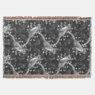 Vos, klokbloemen en klimop, monochroom, zilveren m deken