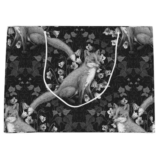 Vos, klokbloemen en klimop, monochroom, zilveren m groot cadeauzakje (Voorkant)