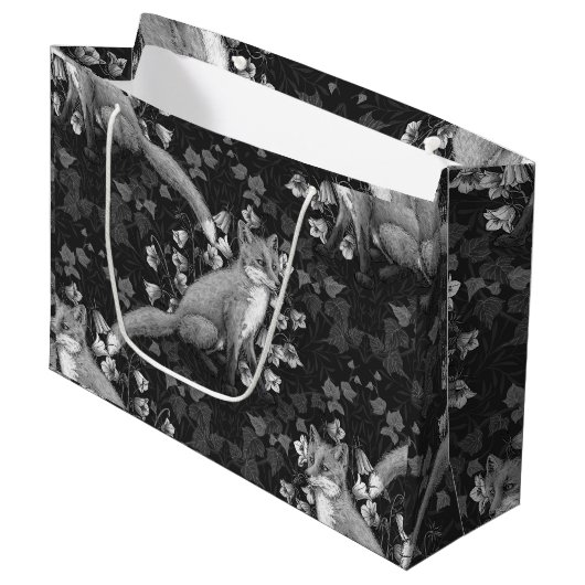 Vos, klokbloemen en klimop, monochroom, zilveren m groot cadeauzakje (Voorkant Gekanteld)