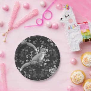 Vos, klokbloemen en klimop, monochroom, zilveren m papieren bordje