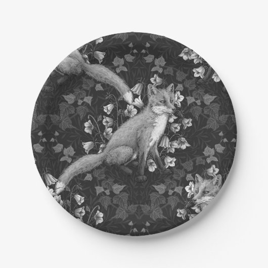 Vos, klokbloemen en klimop, monochroom, zilveren m papieren bordje (Voorkant)