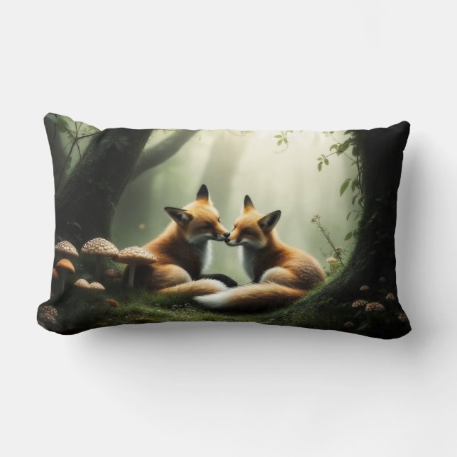 Vos knuffelen in Misty Forest Kussen (Voorkant)