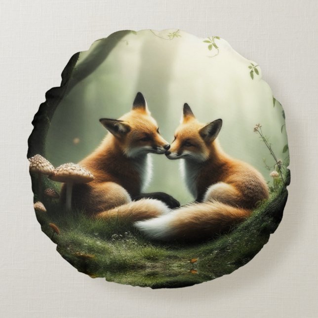 Vos knuffelt in nevelig bos rond kussen (Voorkant)