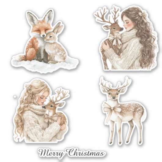 Vos Konijn Hert Meisje Kerstmis Sticker (Voorkant)