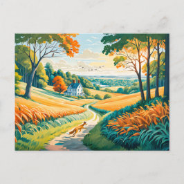 Vos loopt op veldpad in herfstlandbouwgrond briefkaart