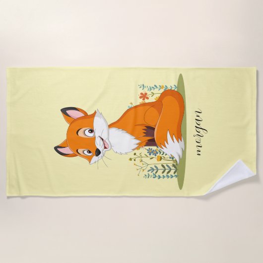 Vos met bloemen, kindernaam op Bord geel Strandlaken (Voorkant)