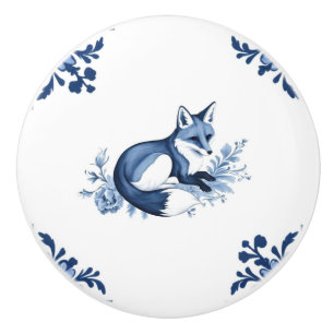 Vos met Delfts Blauw en Witte Hoek Bloeien Keramische Knop