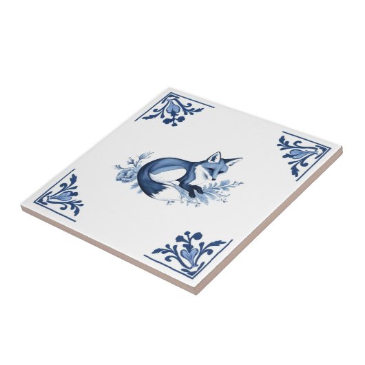 Vos met Delfts Blauw en Witte Hoek Bloeien Tegeltje (Zijkant)
