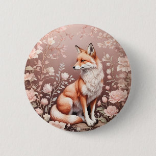 Vos met dromerige roze bloem ronde button 5,7 cm