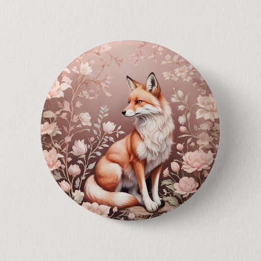 Vos met dromerige roze bloem ronde button 5,7 cm (Voorkant)