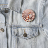 Vos met dromerige roze bloem ronde button 5,7 cm (In situ)