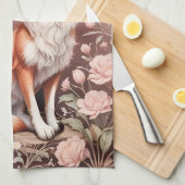 Vos met dromerige roze bloem theedoek (Quarter Fold)