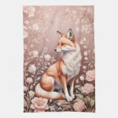 Vos met dromerige roze bloem theedoek (Verticaal)