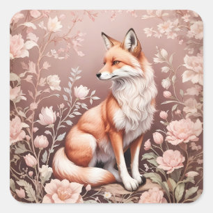 Vos met dromerige roze bloem vierkante sticker