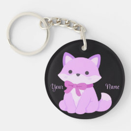 Vos met paarse strik Schattig Kawaii Zwart op maat Sleutelhanger