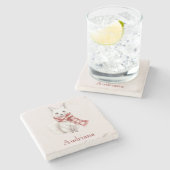 Vos met pepermunt rode witte sjaal stenen onderzetter (Zijkant)