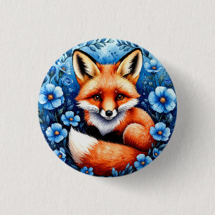 Vos omringd door blauwe bloemen ronde button 3,2 cm
