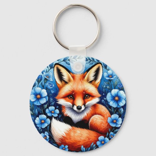 Vos omringd door blauwe bloemen sleutelhanger (Voorkant)
