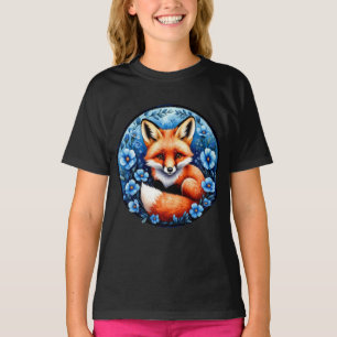 Vos omringd door blauwe bloemen t-shirt