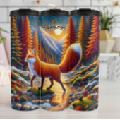 Vos oversteekt een herfstrivier thermosbeker