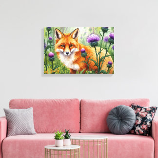 Vos Tussen Paarse Distelbloemen Aquarel Canvas Afdruk