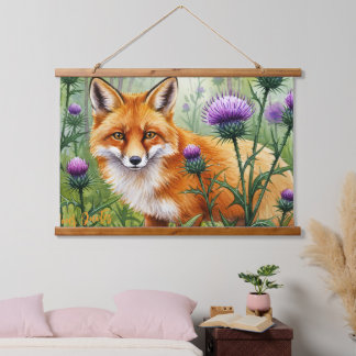 Vos Tussen Paarse Distelbloemen Aquarel Hangend Wandkleed