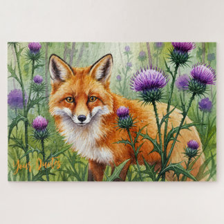 Vos Tussen Paarse Distelbloemen Aquarel Legpuzzel