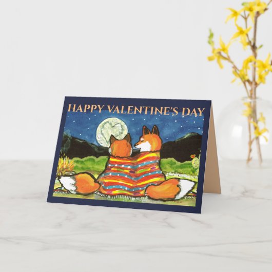 Vos Valentijnsliefde Romantische Maan Kunst Vixen  Kaart (Gele Bloem)