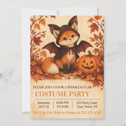 Vos Vleermuis Kostuum Halloween Feest Uitnodiging (Voorkant)