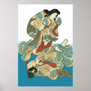 Vos-vrouw en vos-man Kuniyoshi - Asukai Masatsune Poster
