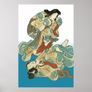Vos-vrouw en vos-man Kuniyoshi - Asukai Masatsune Poster