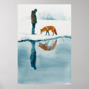 Vos wandelen naast Snow River - Natuur Poster