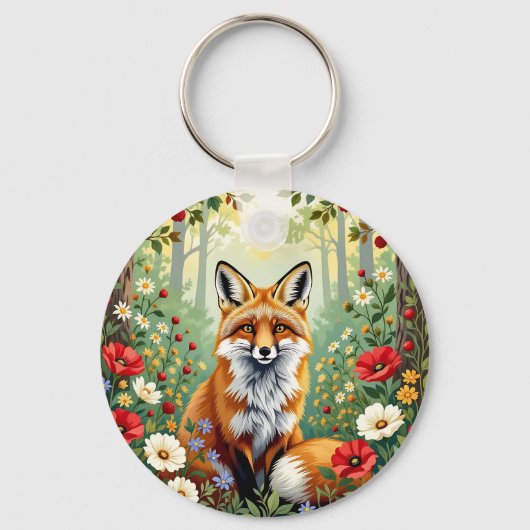 Vos Wilde Bloemen Bos Illustratie Sleutelhanger (Voorkant)