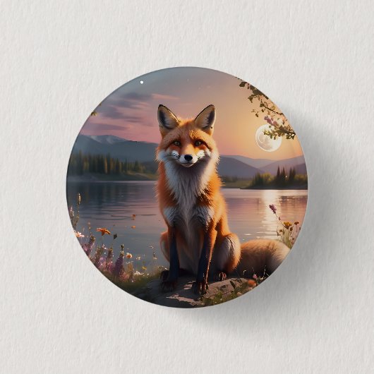 Vos zit bij het meer in de zonsondergang. ronde button 3,2 cm (Voorkant)