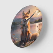 Vos zit bij het meer in de zonsondergang. ronde klok (Hoek)