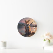 Vos zit bij het meer in de zonsondergang. ronde klok (Huis)