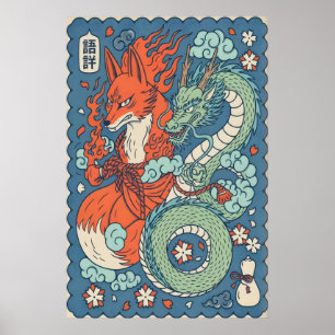 Vosengeest en Drakenprint Japan-Inspireerde Kunst Poster