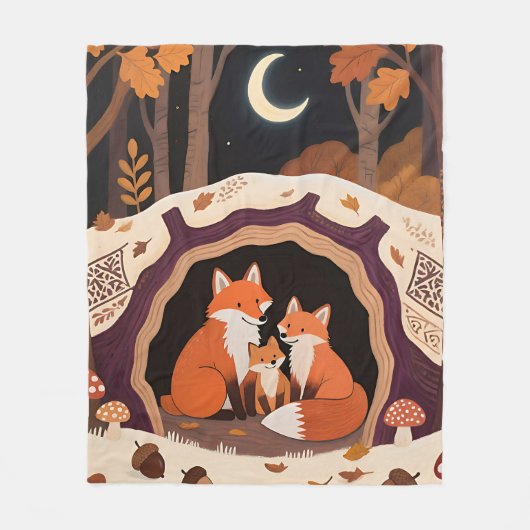 Vosfamilie Herfst Bos Hol Fleece Deken (Voorkant)