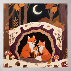 Vosfamilie Herfst Bos Hol Poster