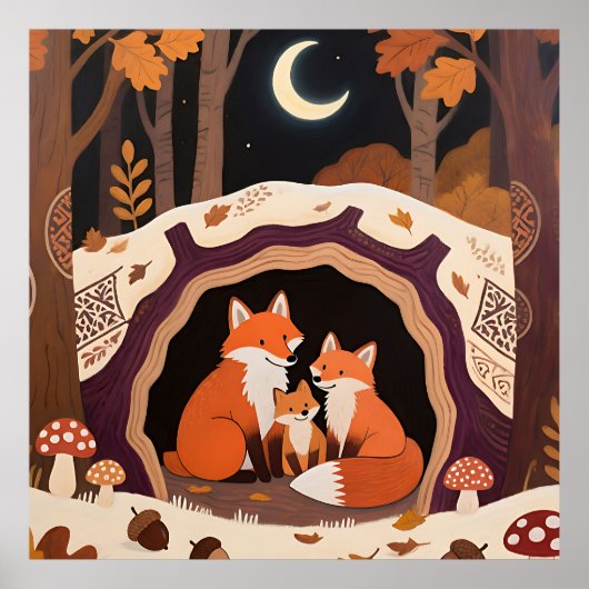 Vosfamilie Herfst Bos Hol Poster (Voorkant)
