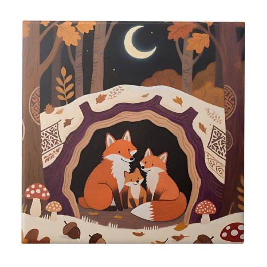 Vosfamilie Herfst Bos Hol Tegeltje (Voorkant)